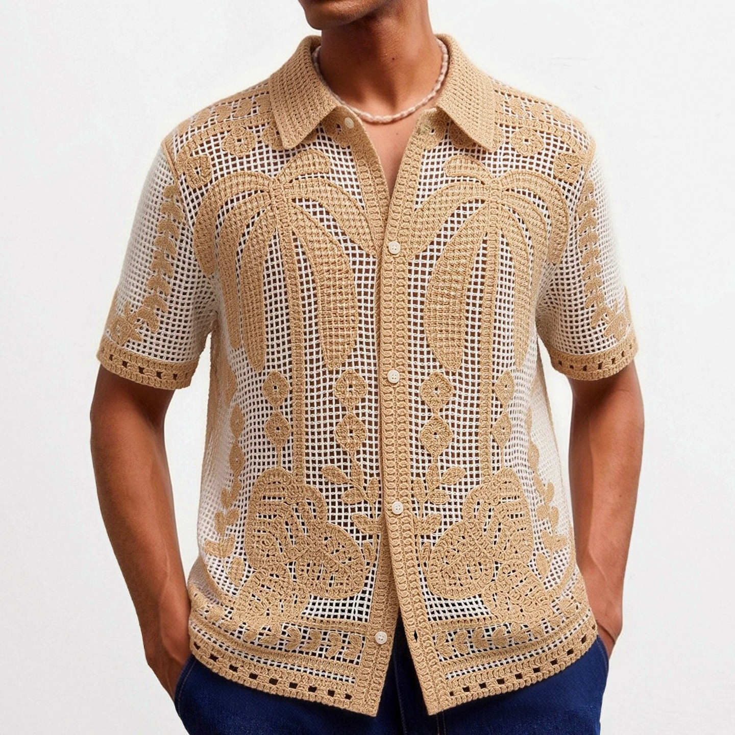 2026夏男士镂空提花针织短袖衬衣沙滩度假开衫polo衫Men's shirt