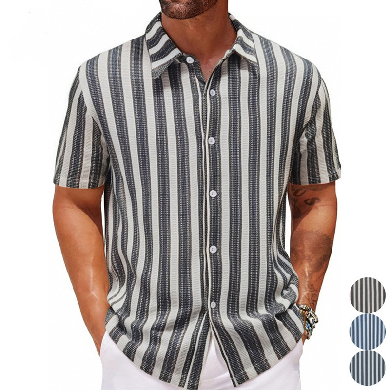 2026春夏男士沙滩度假休闲衬衫条纹拼色短袖衬衣上衣Men's Shirts