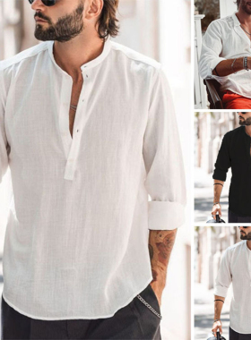 Men shirt 2026春夏外贸新款纯色立领长袖衬衣男大码宽松休闲衬衫