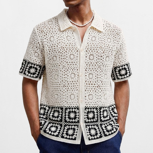 欧美男装2026夏性感镂空短袖针织polo衫拼色百搭衬衣潮Men shirts