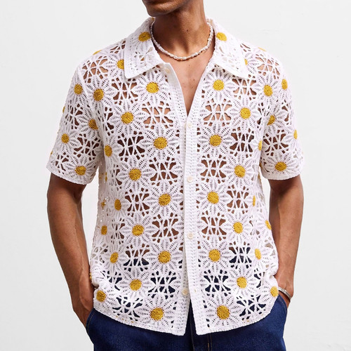 2026夏美式复古镂空针织短袖衬衣男拼色钩花透气polo衫Men shirt