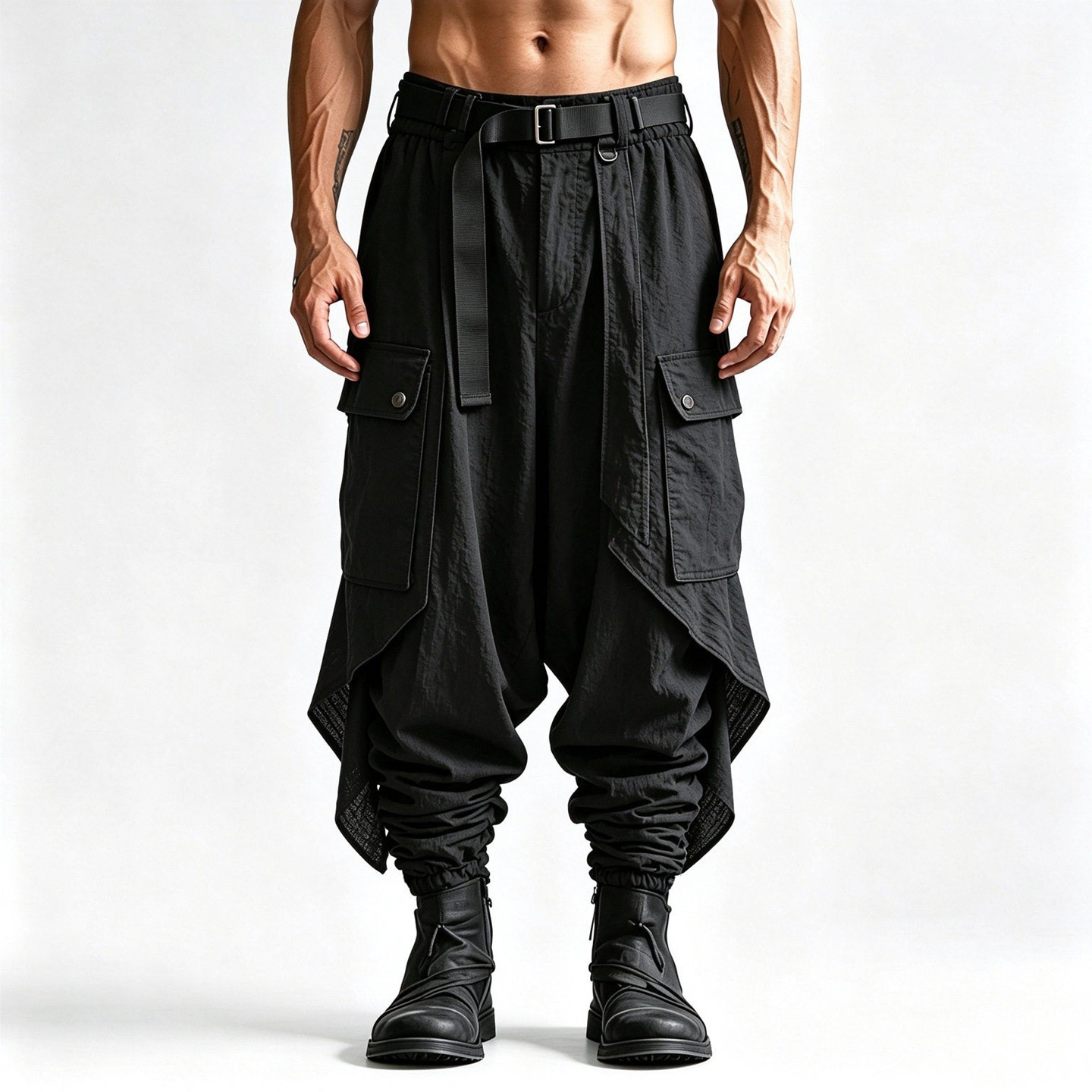 2026秋暗黑风飘带工装裤男不规则拼接阔腿束脚哈伦裤Men trousers