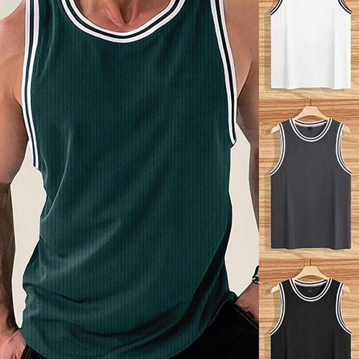 2026夏季外贸圆领竖条纹拼色弹力工字背心男健身打底上衣Men vest