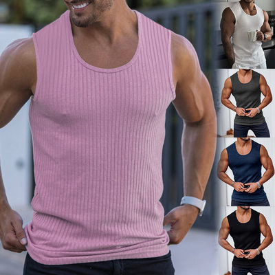 Men sports casual vest2024夏外贸男士竖条纹修身背心运动上衣潮