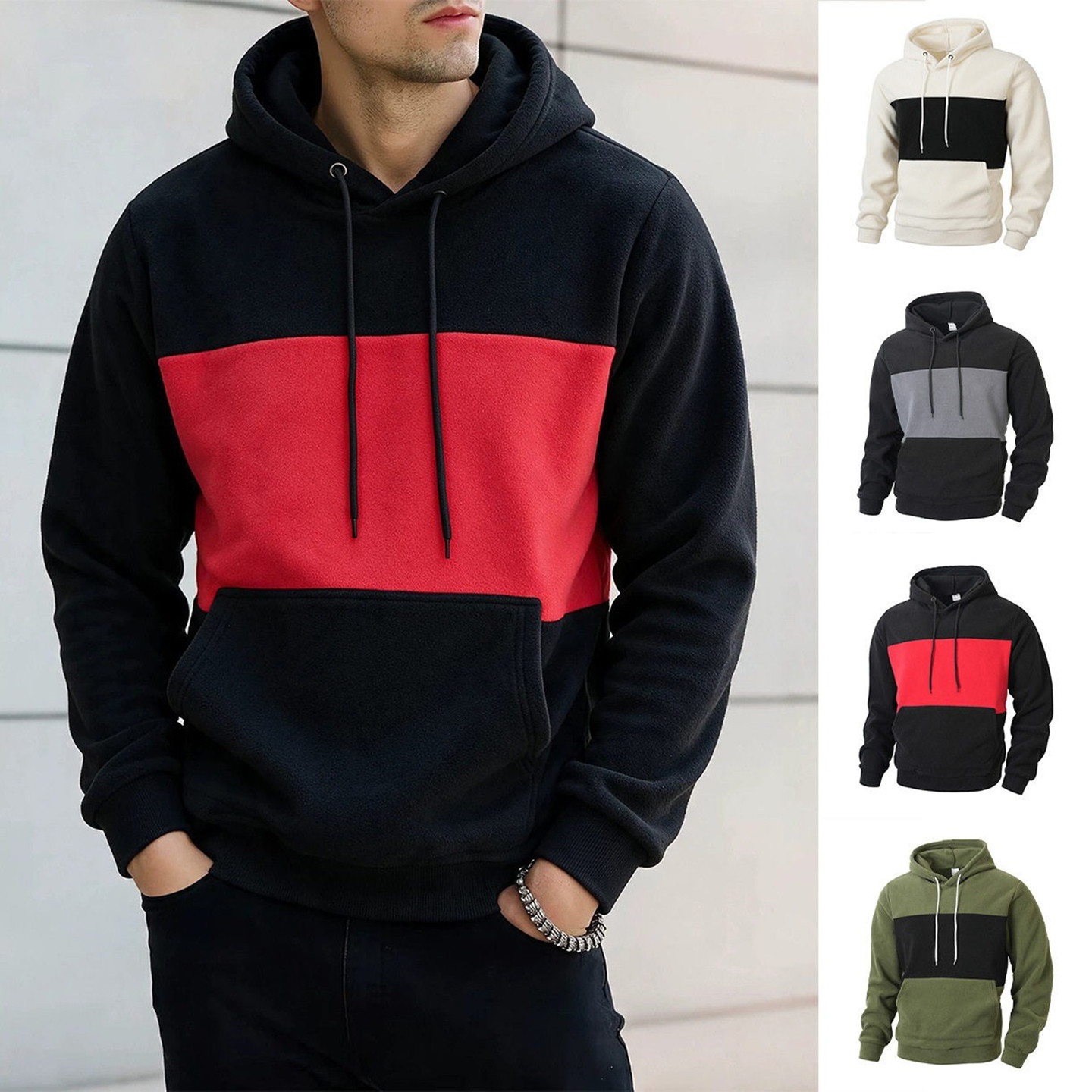 2026秋冬欧美拼色连帽卫衣男摇粒绒保暖外套套头上衣Men's hoodie