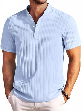 2025夏季外贸男士纯色简约V领休闲短袖条纹衬衣Men's linen shirt