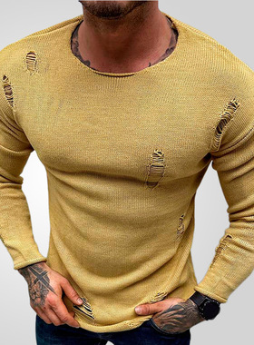 2025春夏新款欧美男士毛衫薄款破洞套头针织打底衫Men's knitwear