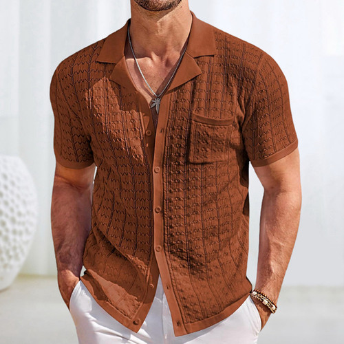 2026夏季新款纯色古巴领针织短袖POLO衫男休闲开衫上衣Men Shirts