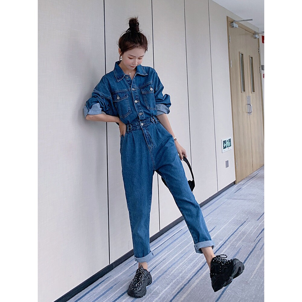 声雨竹牛仔连体裤女春秋韩版高腰显瘦气质长袖连衣裤休闲时髦工装