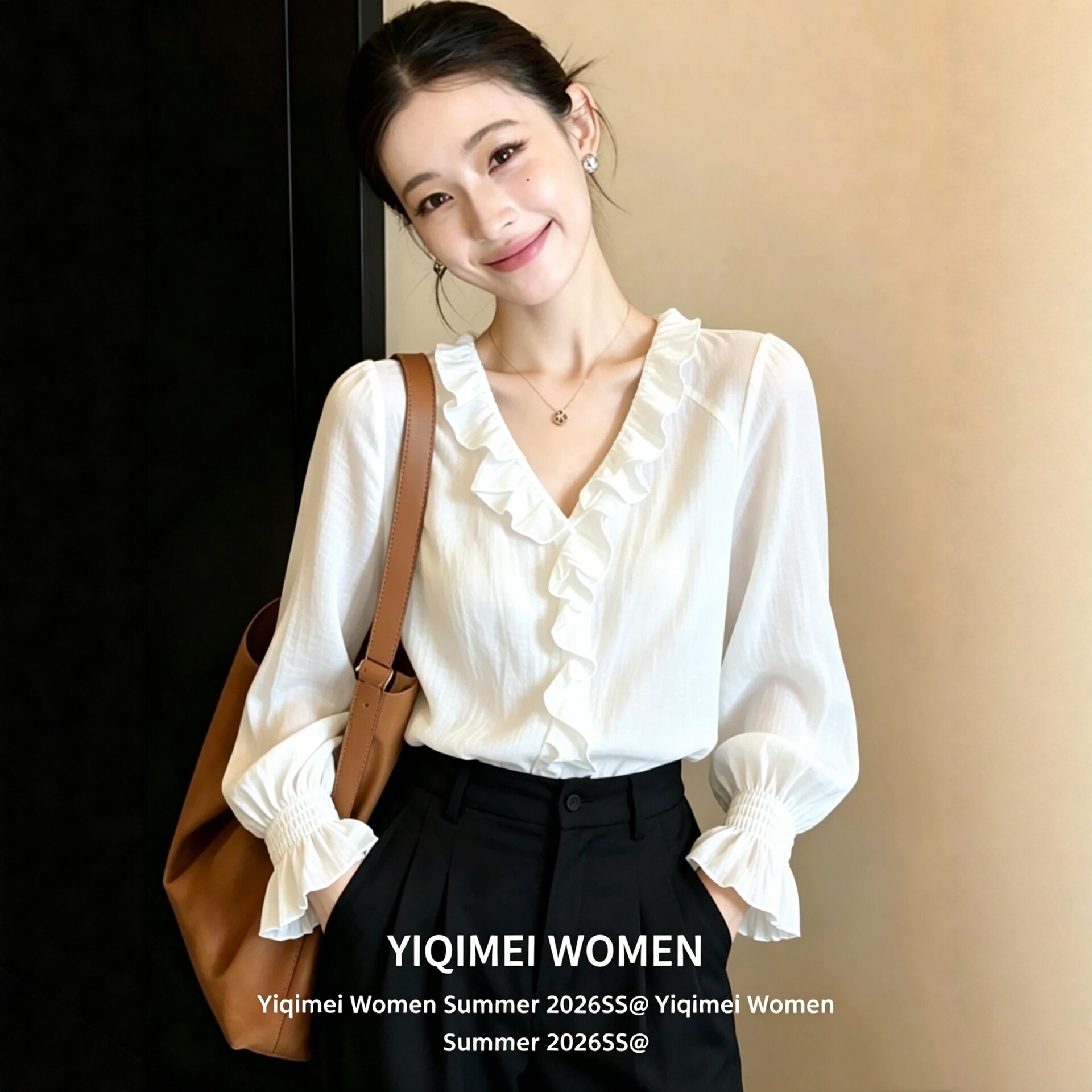 声雨竹白色V领长袖衬衫女士早秋季法式木耳边独特漂亮新款小衫上