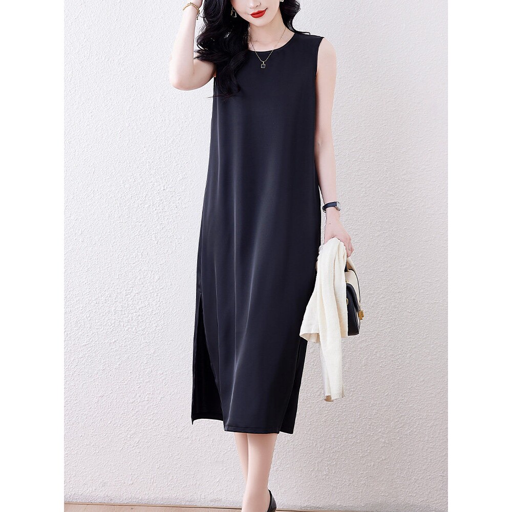 声雨竹高级感醋酸缎面无袖连衣裙女士春夏新款气质黑色背心打底裙