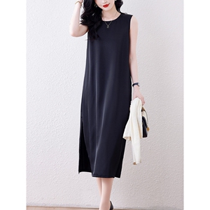 声雨竹高级感醋酸缎面无袖连衣裙女士春夏新款气质黑色背心打底裙