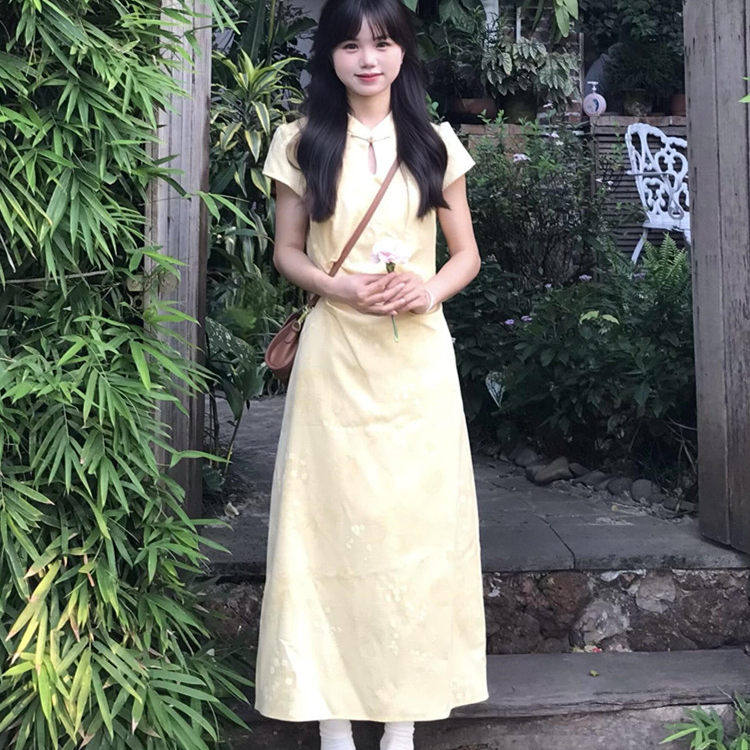 声雨竹新中式旗袍裙黄色碎花短袖连衣裙女夏季小个子独特漂亮掐腰