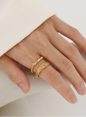 满2减5】欧美简约金属线条缠绕竹节小众冷淡风设计感叠戴开口戒指