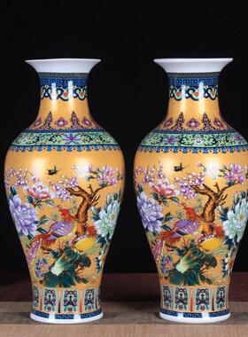 仿古冬瓜陶瓷瓶珐琅彩黄色金色花瓶家居装饰工艺品办公室瓷器摆件