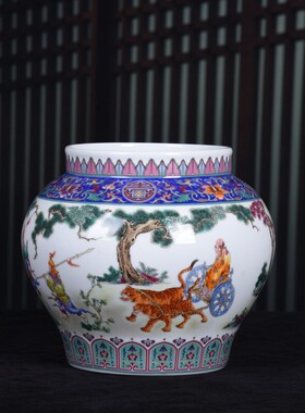 仿古珐琅彩鬼谷子下山陶瓷罐花瓶摆件插花家居客厅装饰品收藏摆件