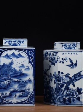 景德镇青花瓷陶瓷四方茶叶罐康熙年制中式茶饼储存罐大号容器老货