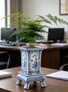 景德镇四角盆青花四足缠枝花鸟四方盆陶瓷高花盆花钵龙罗汉松树盆