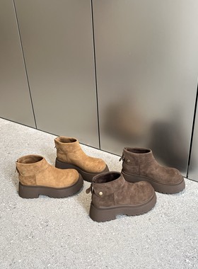 陌尼斯/MONIZ2025新款秋季真皮厚底复古拉链设计休闲百搭短筒靴女