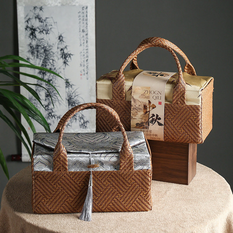 中式藤编礼盒中秋月饼手提盒蛋黄酥包装盒伴手礼烘焙礼物盒创意盒