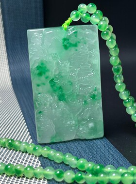 高冰种飘绿老翠玉山水财神吊牌玉佩项链缅甸老翡翠冰透毛衣链百搭