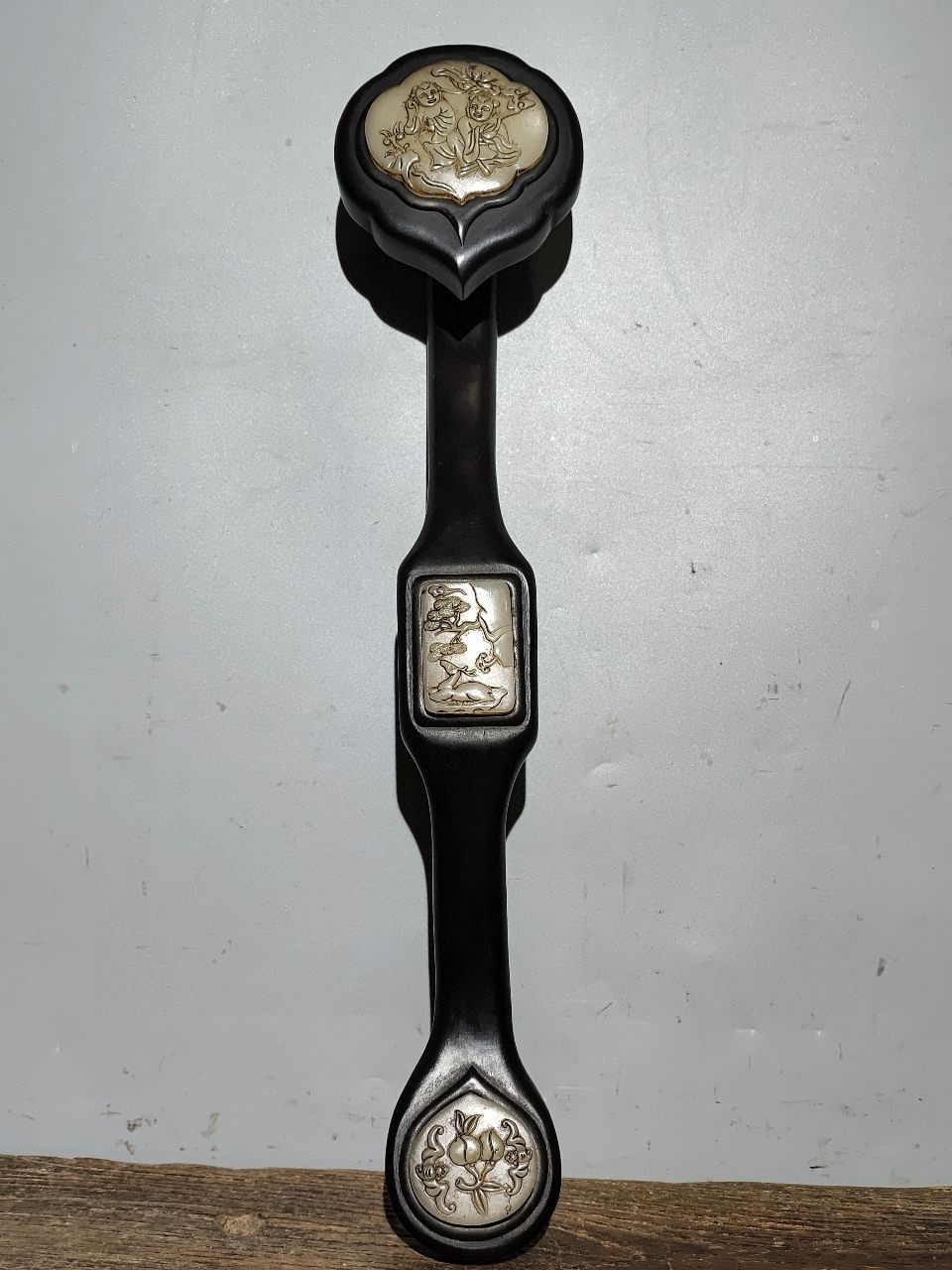 古玩旧藏紫檀木镶嵌古玉白玉福禄寿如意摆件家居装饰收藏品家用