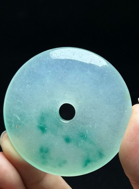 缅甸冰种飘花翡翠色平安扣吊坠冰透海蓝色男女同款挂件玉石颈饰