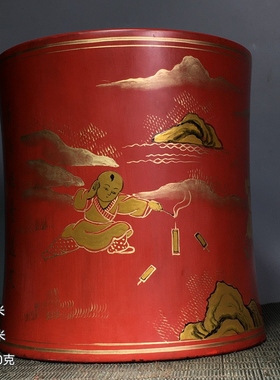 老漆器笔筒老纸胎大漆笔筒书房摆件手工彩绘文具收纳文房四宝古玩