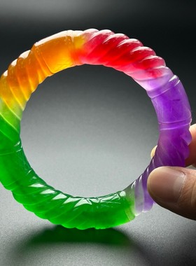 精品老翡翠色高冰紫罗兰麻花玉手镯冰种春彩三色男女款龙珠玉手环