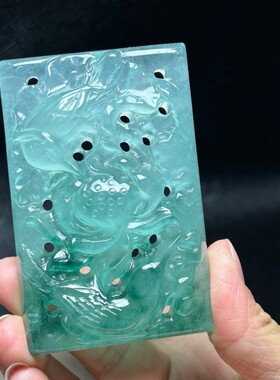 缅甸老坑帝王翡翠色镂空花开富贵牌高冰霸气男款观音吊坠玉石挂件