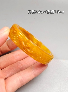 缅甸老黄翡翠玉手镯女冰糯种满色正黄老坑翡翠色浮雕刻玉镯子手环