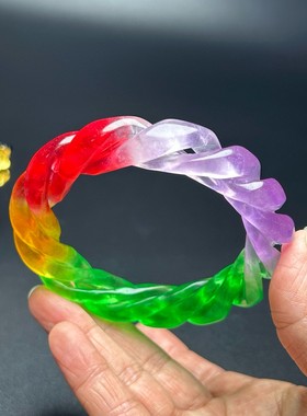 缅甸翡翠手镯高冰多彩麻花手镯扭丝麻花玉镯女款时来转运玉石镯子