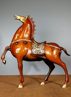 古玩珍藏老纯铜纯手工打造红铜鎏真金真银镶嵌宝石马收藏品老物件