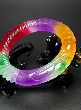 精品老翡翠色高冰紫罗兰麻花玉手镯冰种春彩三色男女款龙珠玉手环