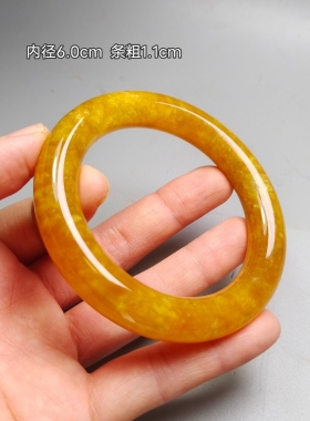 缅甸翡翠冰糯种黄翡玉石冰糯种满色黄翡圆条手镯女款 玉镯子