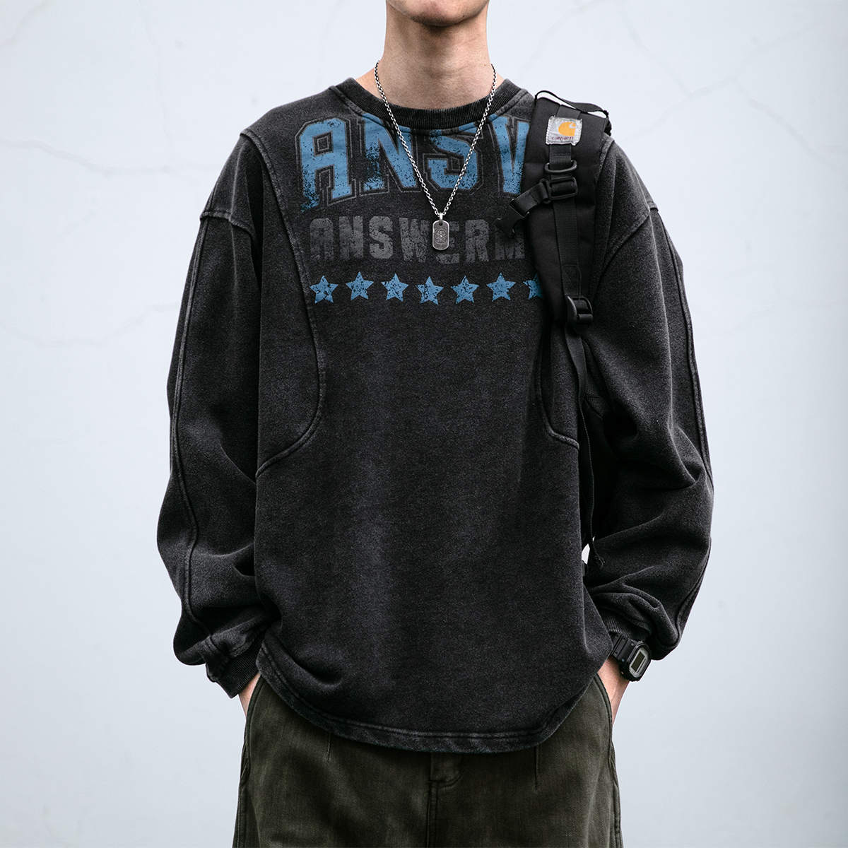 美式复古水洗做旧字母涂鸦圆领卫衣男春秋情侣宽松纯棉休闲上衣潮