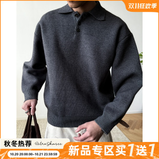 重磅高密厚实老钱风小翻领毛衣男女同款宽松POLO领针织衫长袖潮牌
