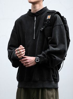 465G炒雪花摩尔斜纹半拉链卫衣男boxy短宽水洗做旧磨破套头外套潮