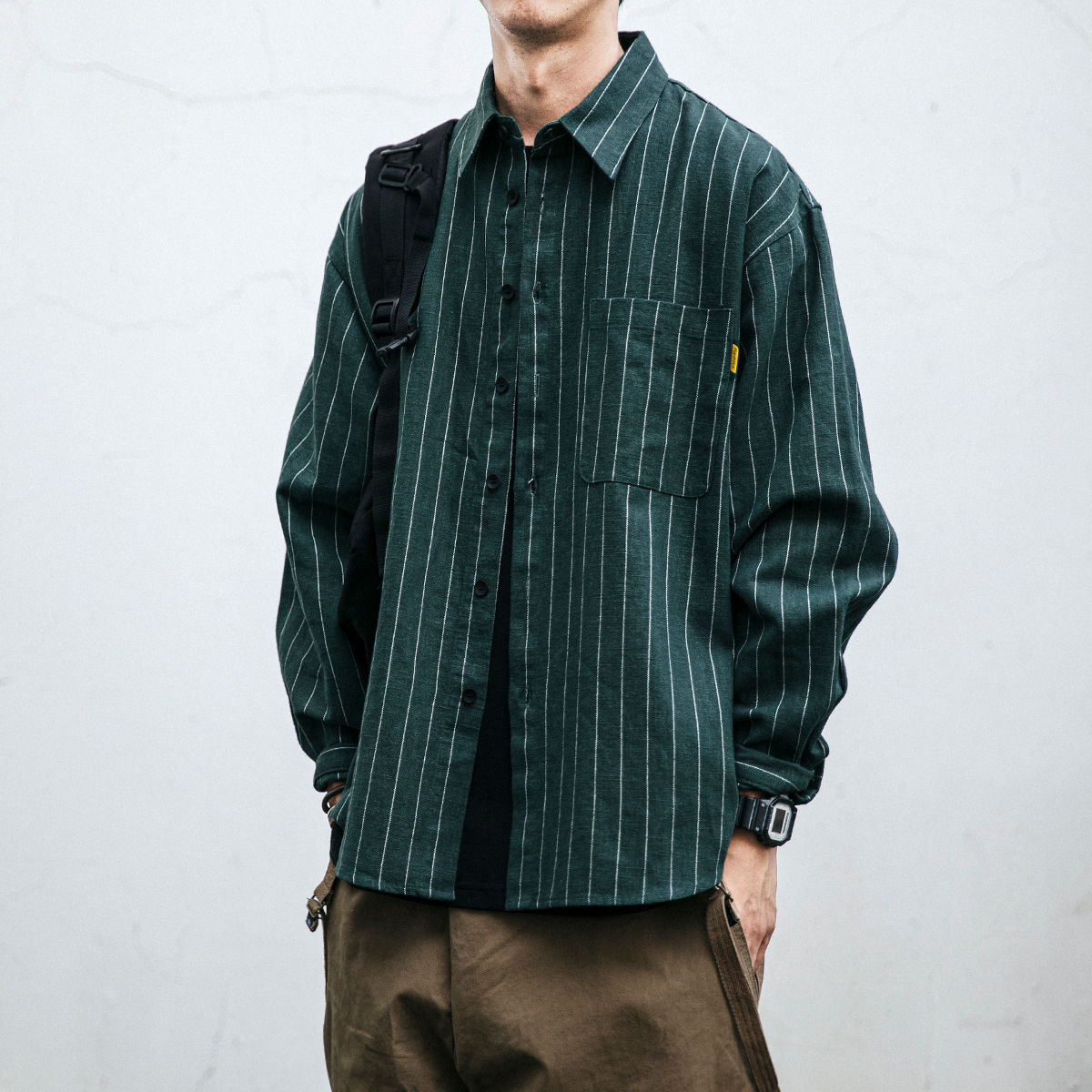 翻领长袖日系条纹衬衫