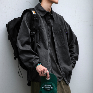 男女秋冬基础款 衬衫 寸衣外套潮牌 长袖 日系复古肌理感军绿色工装