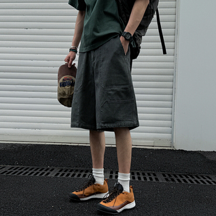 宽松大码 夏季 五分裤 工装 日系复古设计感纯色纯棉休闲短裤 裤 男士