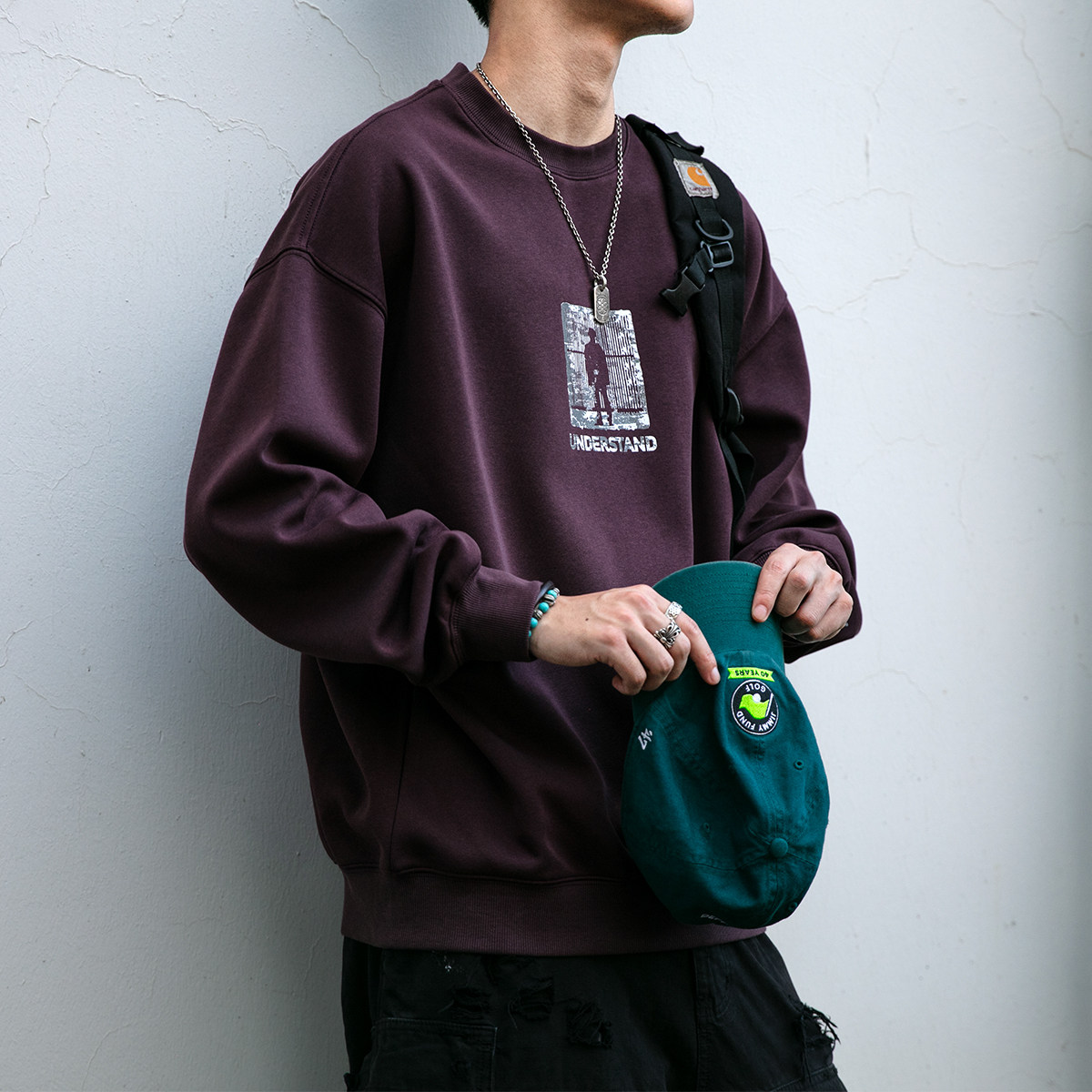 日系复古潮牌字母印花圆领卫衣男青年秋冬打底单穿长袖外套慵懒风