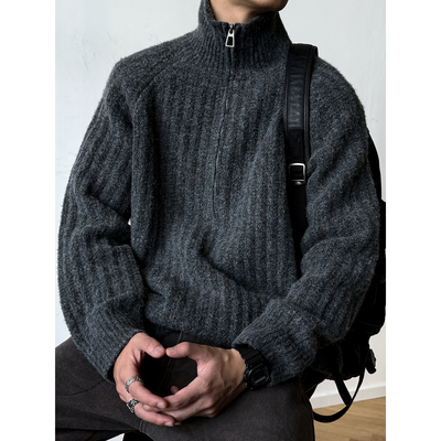 秋冬半拉链羊毛混纺立领毛衣男