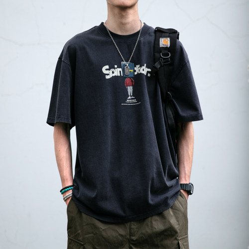 水洗做旧卡通印花短袖T恤男