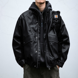 美式 复古解构立体剪裁立领皮衣夹克男宽松黑色痞帅pu皮机车服外套