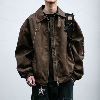 美拉德复古皮衣外套男潮牌痞帅双拉链立领夹克宽松百搭防风机车服