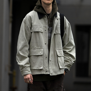 秋季新款水洗多口袋工装外套男撞色拼接翻领猎装夹克vintage上衣