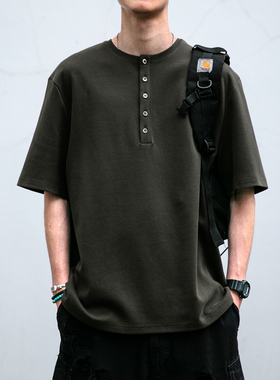 美式复古水洗310G基本款老钱风cleanfit亨利领纽扣短袖男宽松T恤