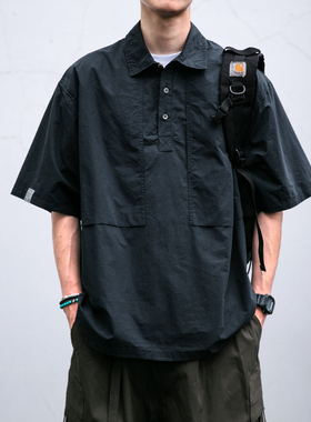 日系潮牌水洗工装衬衫男夏季新款宽松纯棉百搭翻领衬衣有领T恤潮