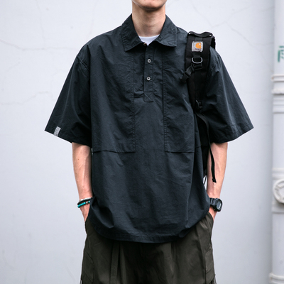 日系潮牌水洗工装衬衫男有领T恤